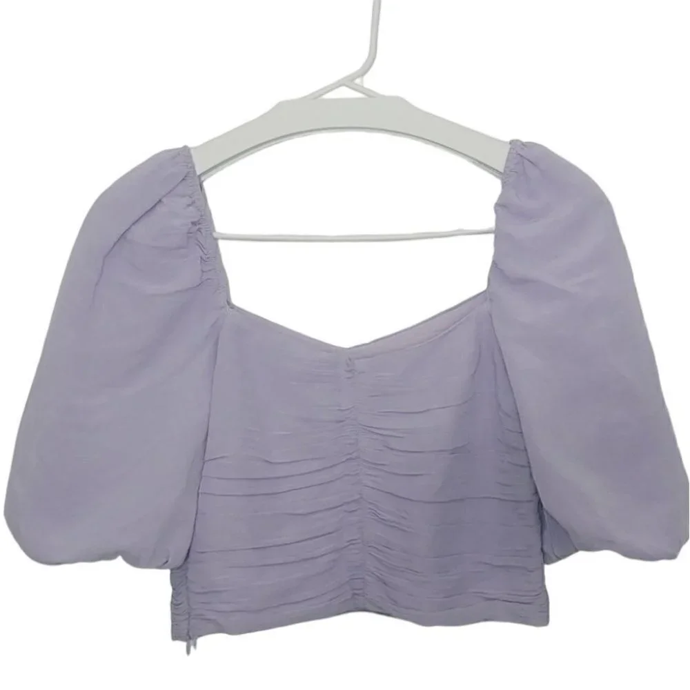 NWT ZARA linen blend lilac draped puff sleeves crop top - Picture 6 of 14